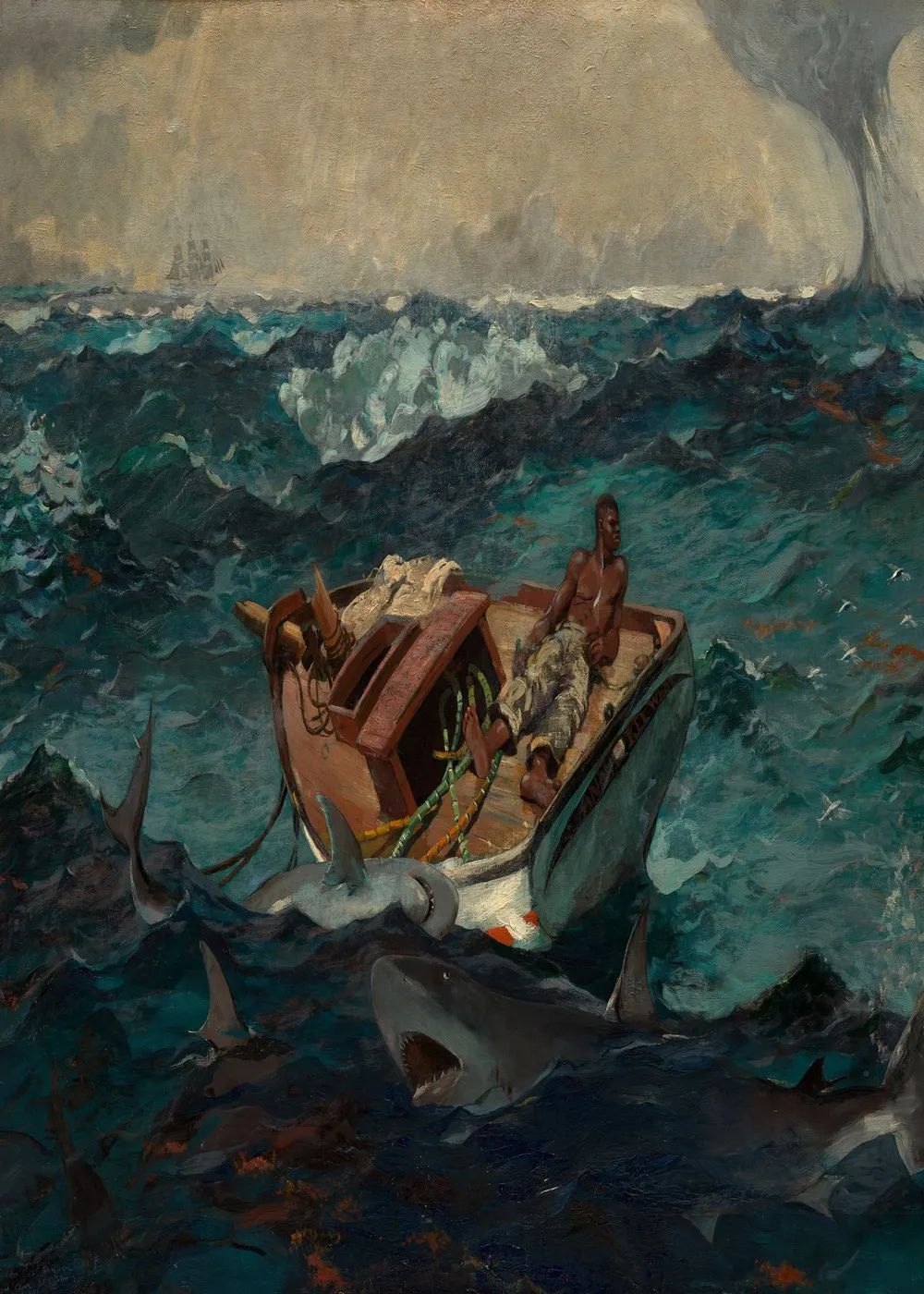 A man lies on the deck of a dismasted boat on a heaving sea.