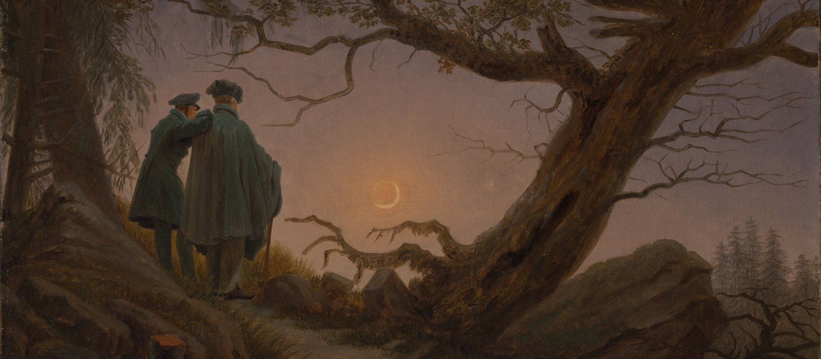 Two figures contemplating the moon.