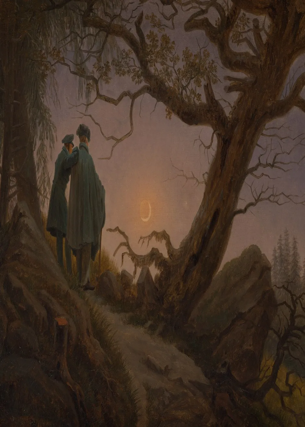 Two figures stand on a rocky path at dusk, looking up at the moon through bare trees.
